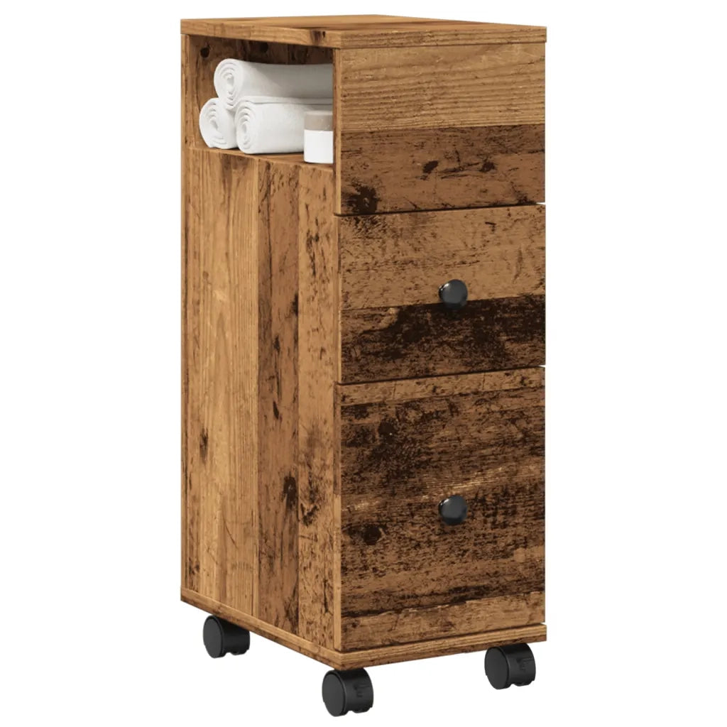 Mobile da Bagno Stretto con Ruote Legno Vecchio in Truciolato 855239