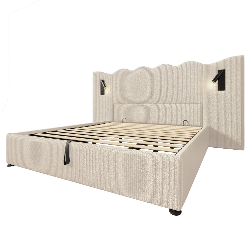 Letto Imbottito Contenitore Matrimoniale con Luce LED e USB ¨C MINIMAL ¨C Cordone Beige/Bianco, Doghe Massello, 180x200