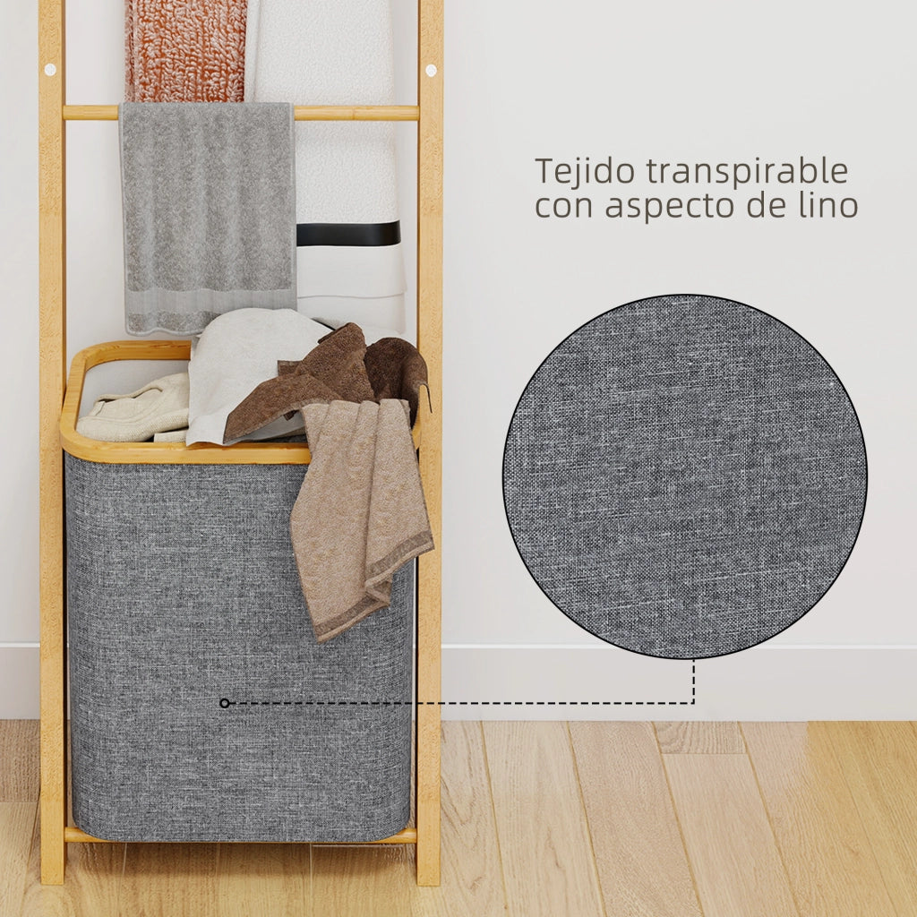 Mobile da Bagno in Bamb¨´ con 3 Sbarre e Cesto Lavanderia ¨C Zephmum ¨C Grigio 48L
