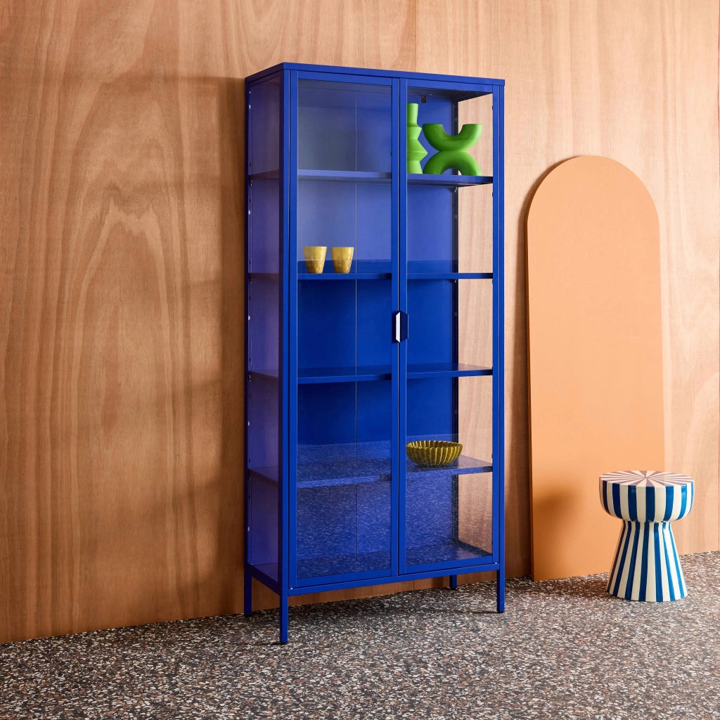 Credenza in acciaio e vetro temperato 2 porte, 180cm, blu
