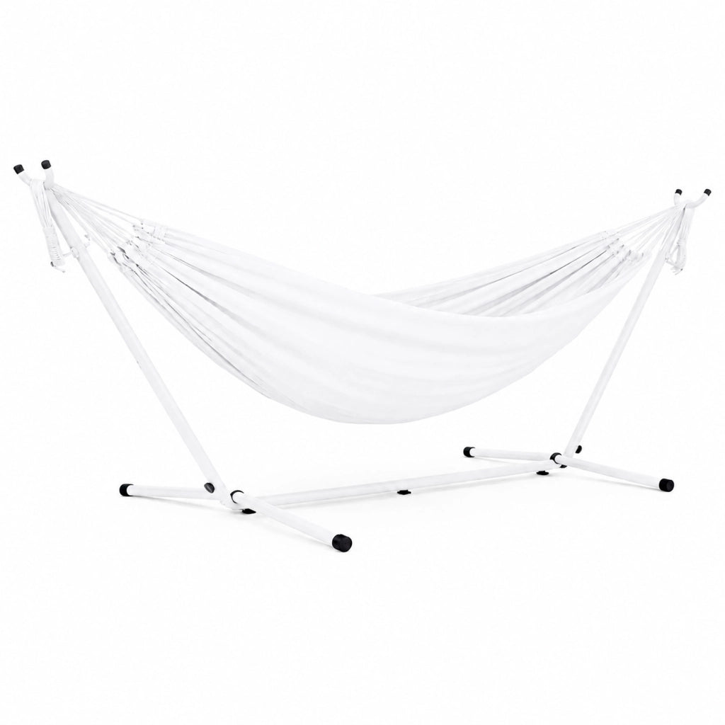 Amaca Brasiliana Con Supporto In Acciaio Altezza Regolabile Telo Cotone Da Esterno Per Giardino Balcone Piscina 100 x 110 x 265 Cm Bianco