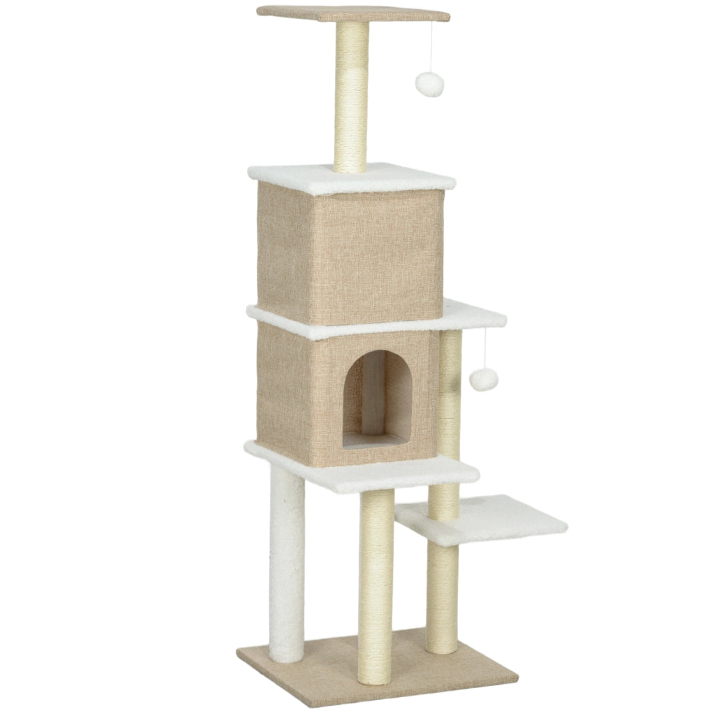 Albero tiragraffi per gatti con 2 tane e piattaforme ¨C Minimal ¨C 140 cm marrone chiaro