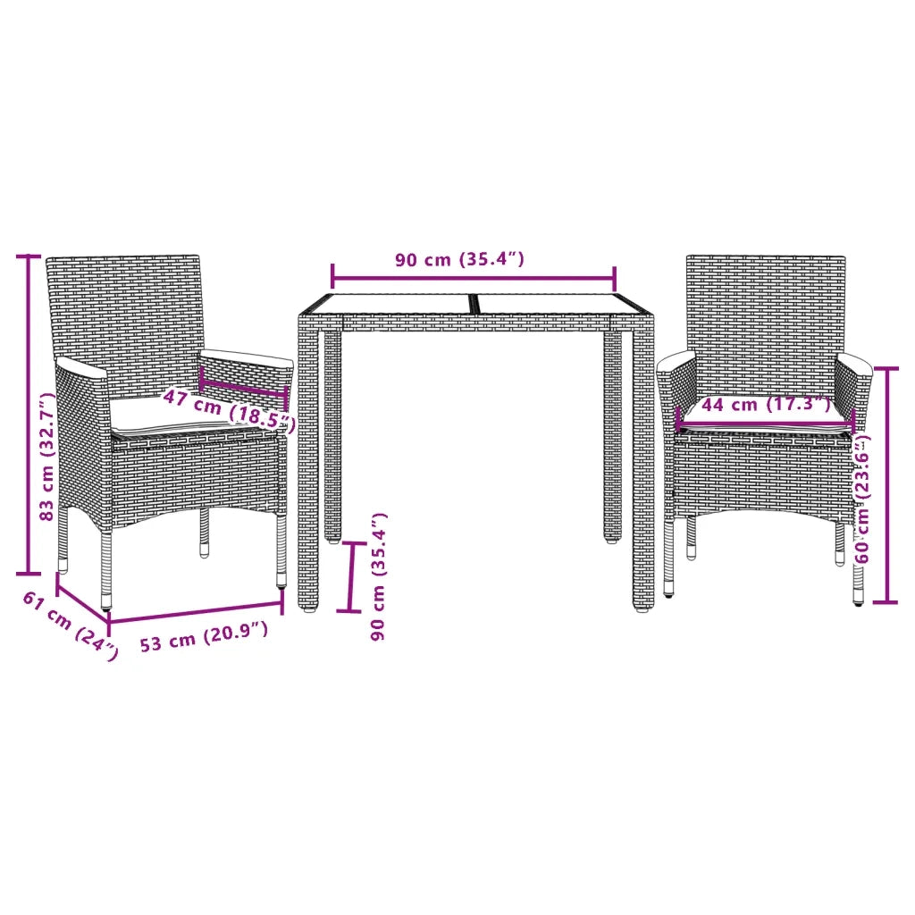 Set da Pranzo da Giardino 3pz con Cuscini in Polyrattan e Vetro 3278651