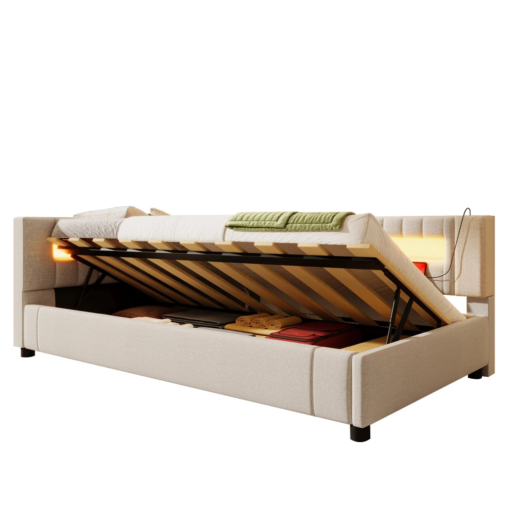 Daybed 90x200 cm in lino beige con LED, USB+TYPE-C e contenitore idraulico