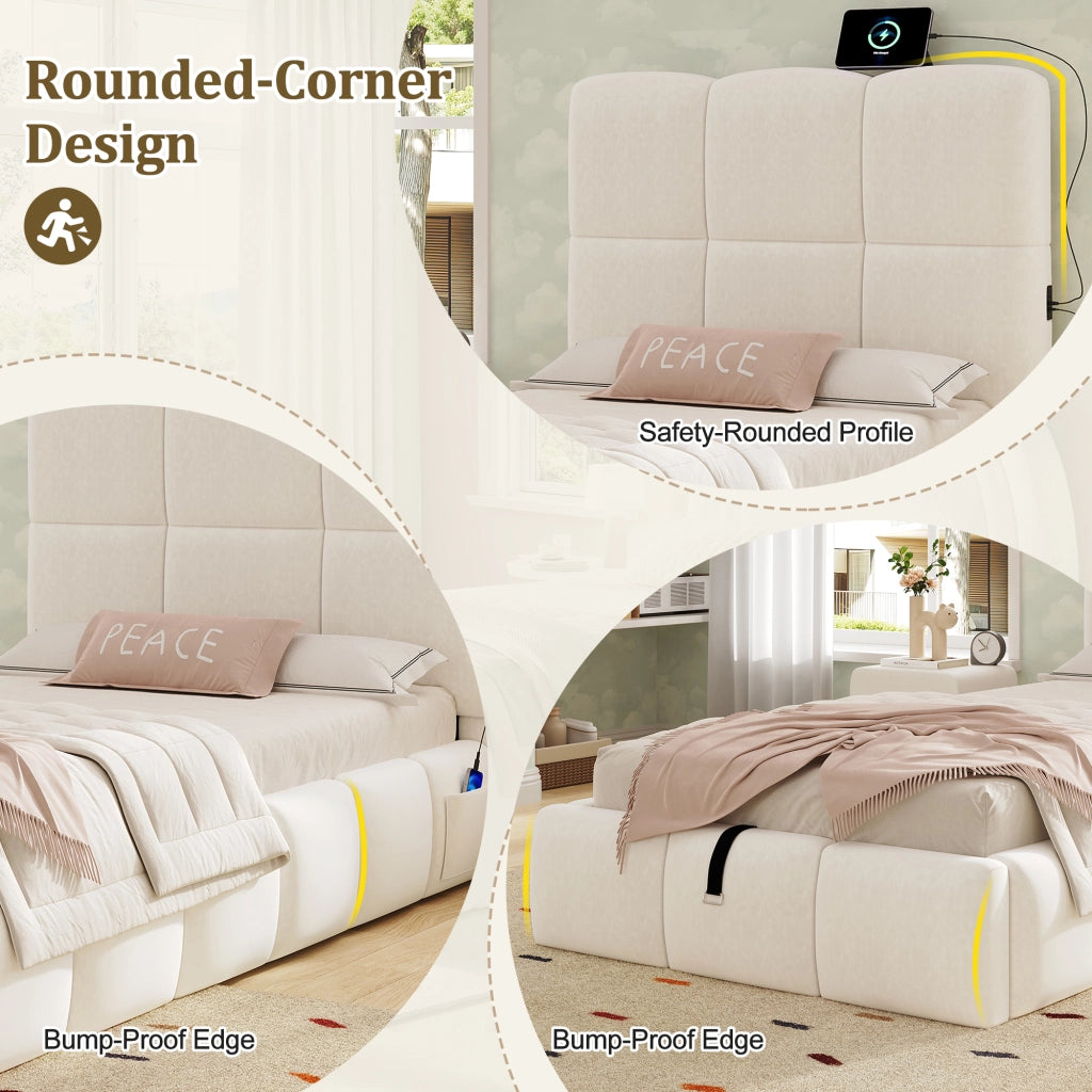 Letto imbottito 90 x 200 cm, letto per bambini, con vano portaoggetti, presa di ricarica USB, velluto, beige