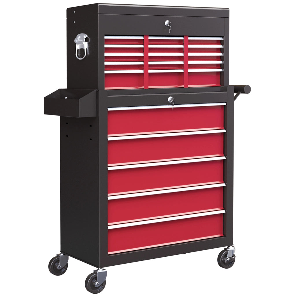 Carrello attrezzi a cassetti con pannello forato ¨C zephmum ¨C 14 cassetti, acciaio, rosso