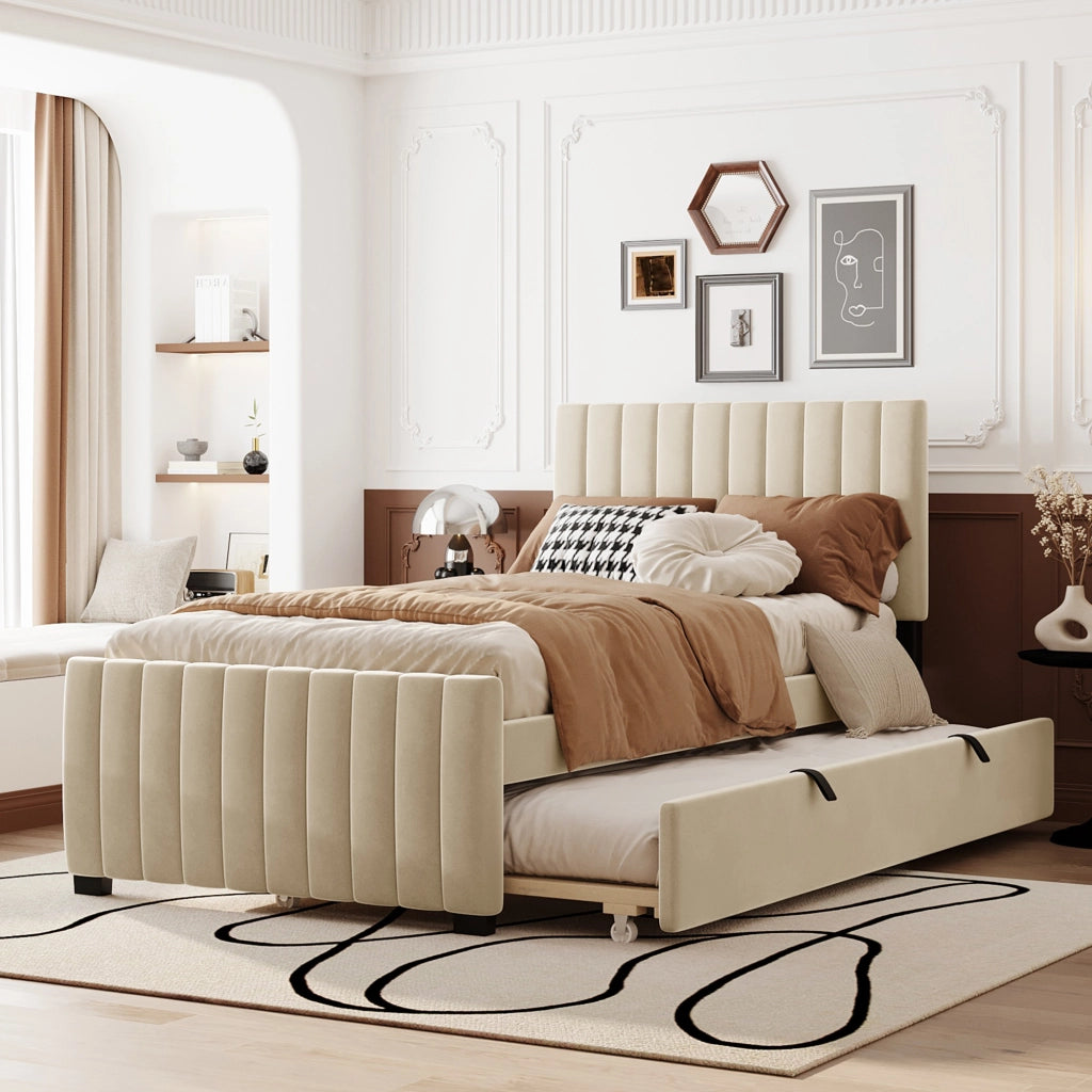 Letto singolo imbottito 90x190 cm con letto estraibile - Zephmum - Tessuto velluto ipoallergenico beige