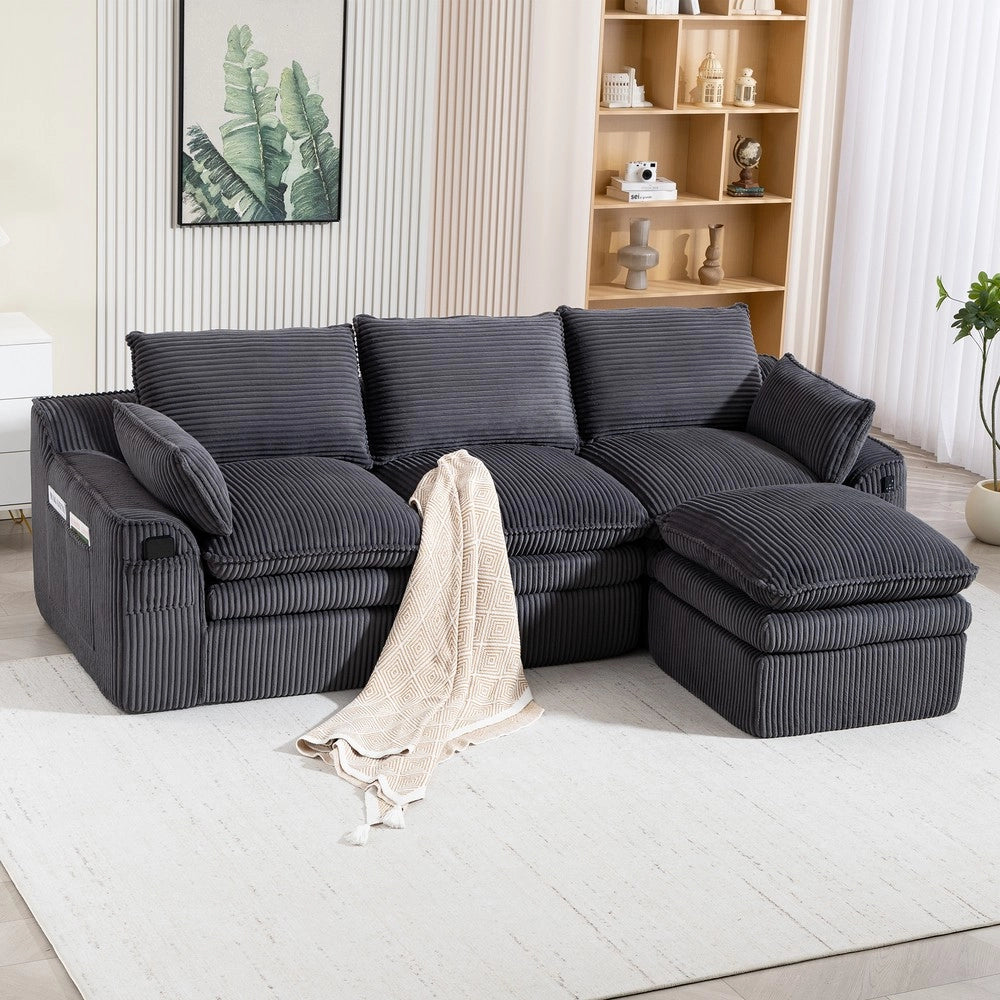 Divano modulare a 3 posti con pouf - Zephmum- Schiuma a 3 strati e nucleo a molle, grigio scuro