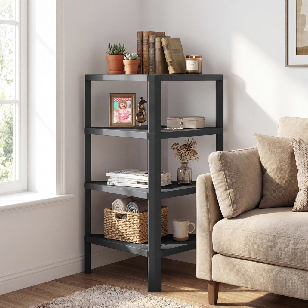 Supporto scaffale ad angolo a 4 ripiani con scaffali a doghe aperte, Libreria moderna per casa e ufficio Nero