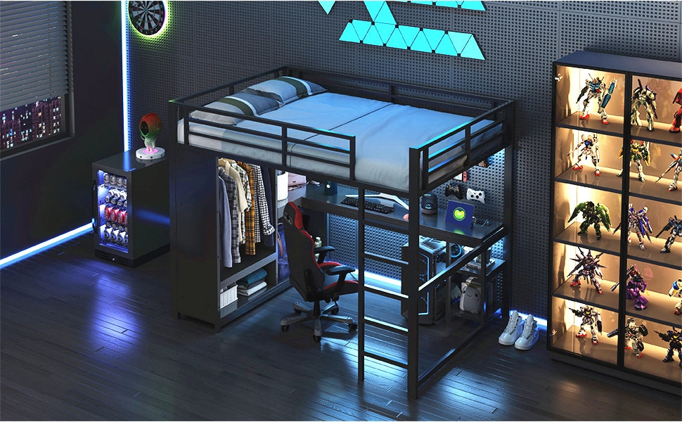 DESMIU Letto a soppalco matrimoniale con LED, scrivania, armadio aperto e ripiani 140 × 200 cm, senza materasso