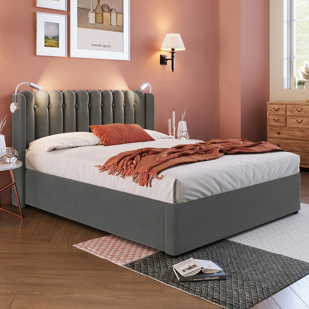 Letto a cassone imbottito - Xylo - 160x200 cm - Grigio - Caricamento e due luci da lettura