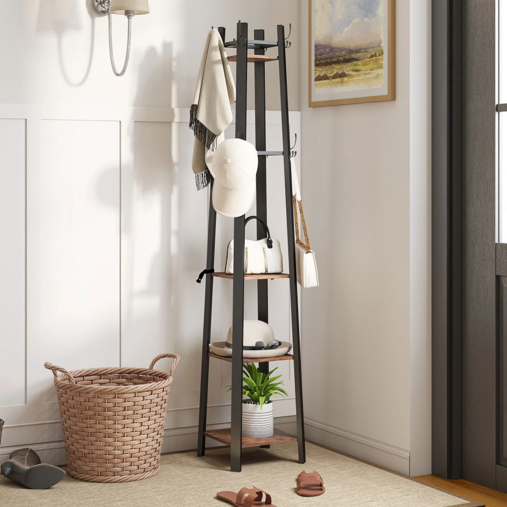 Appendiabiti da Terra con 4 Ripiani e 8 Ganci ¨C Minimal ¨C Marrone Metallo