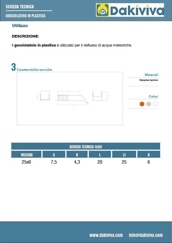 Gocciolatoio in plastica cm 25x6 - leggero : Colore - Bianco