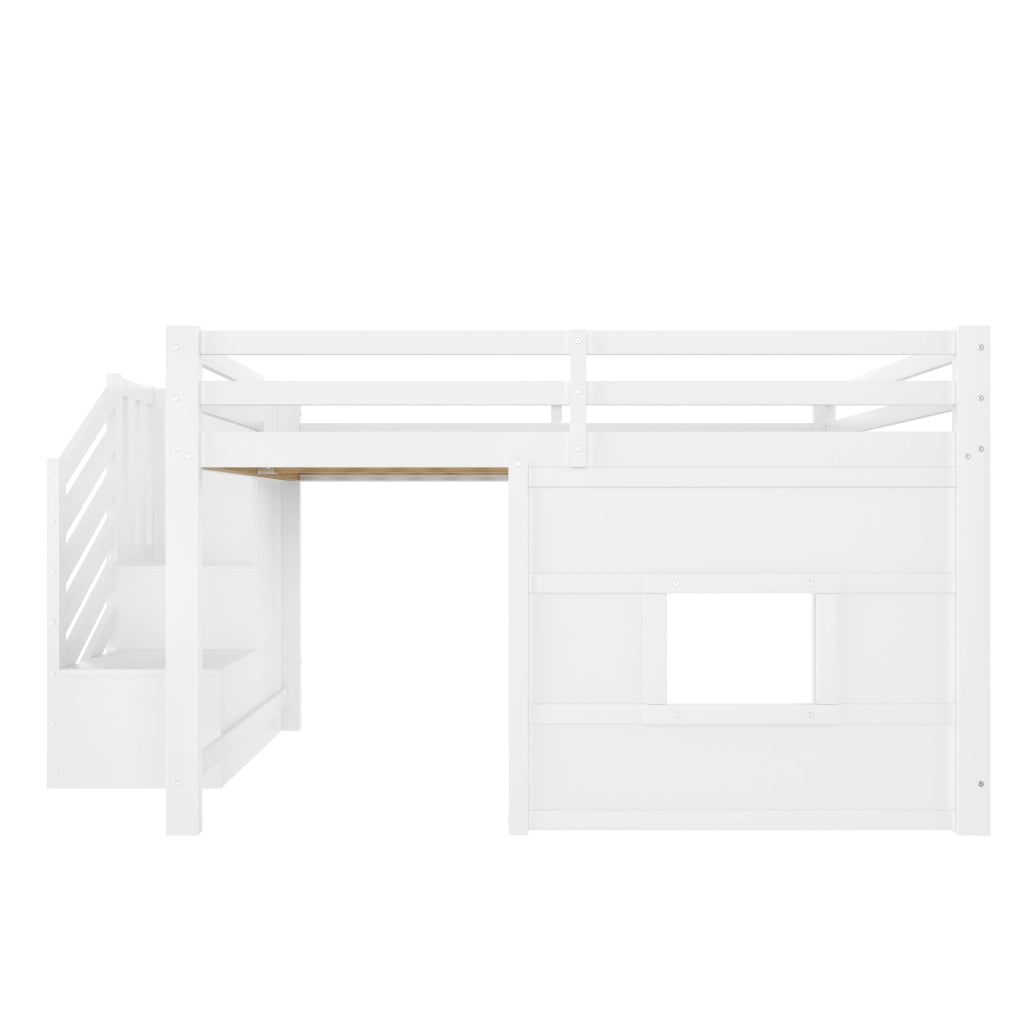 Letto a castello con scala e finestra - Zephmum- 140x200 cm, bianco
