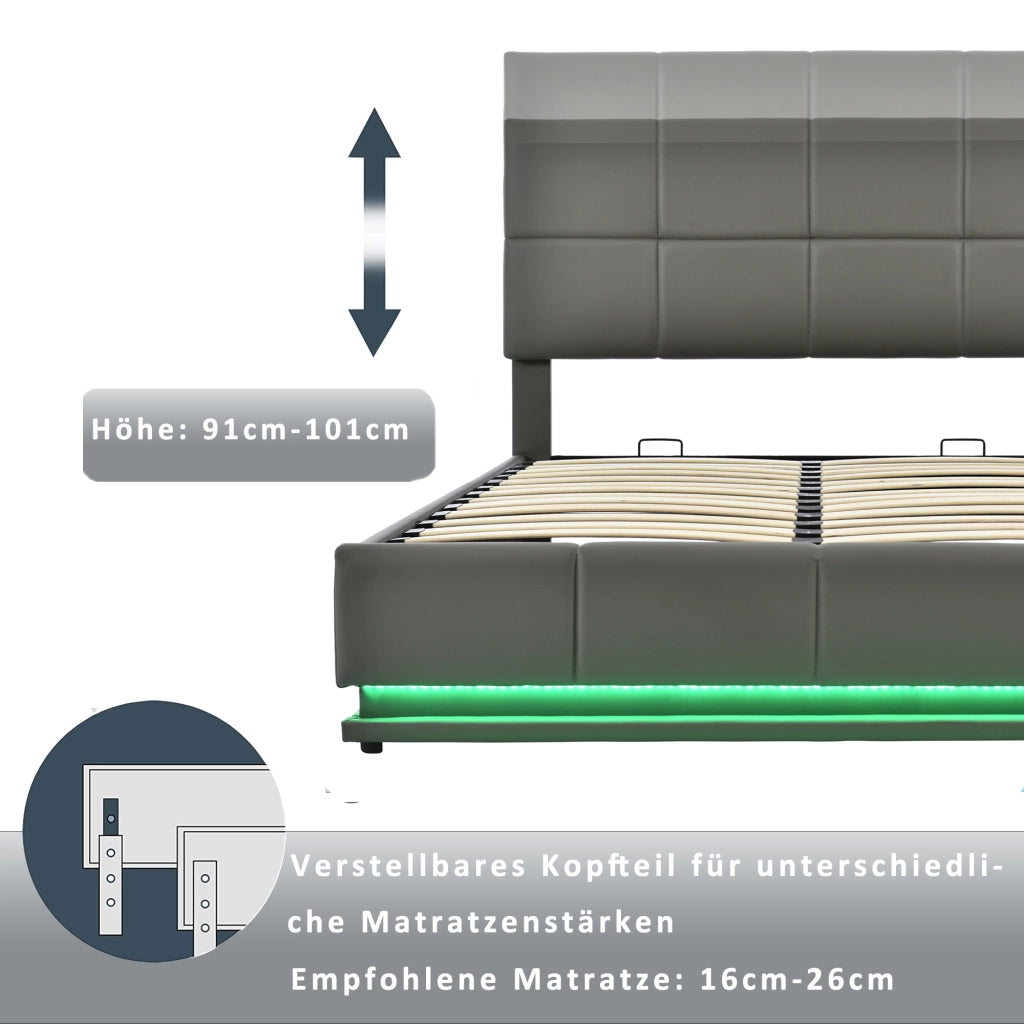 LETTO Imbottito 160x200 cm Grigio con LED e contenitore