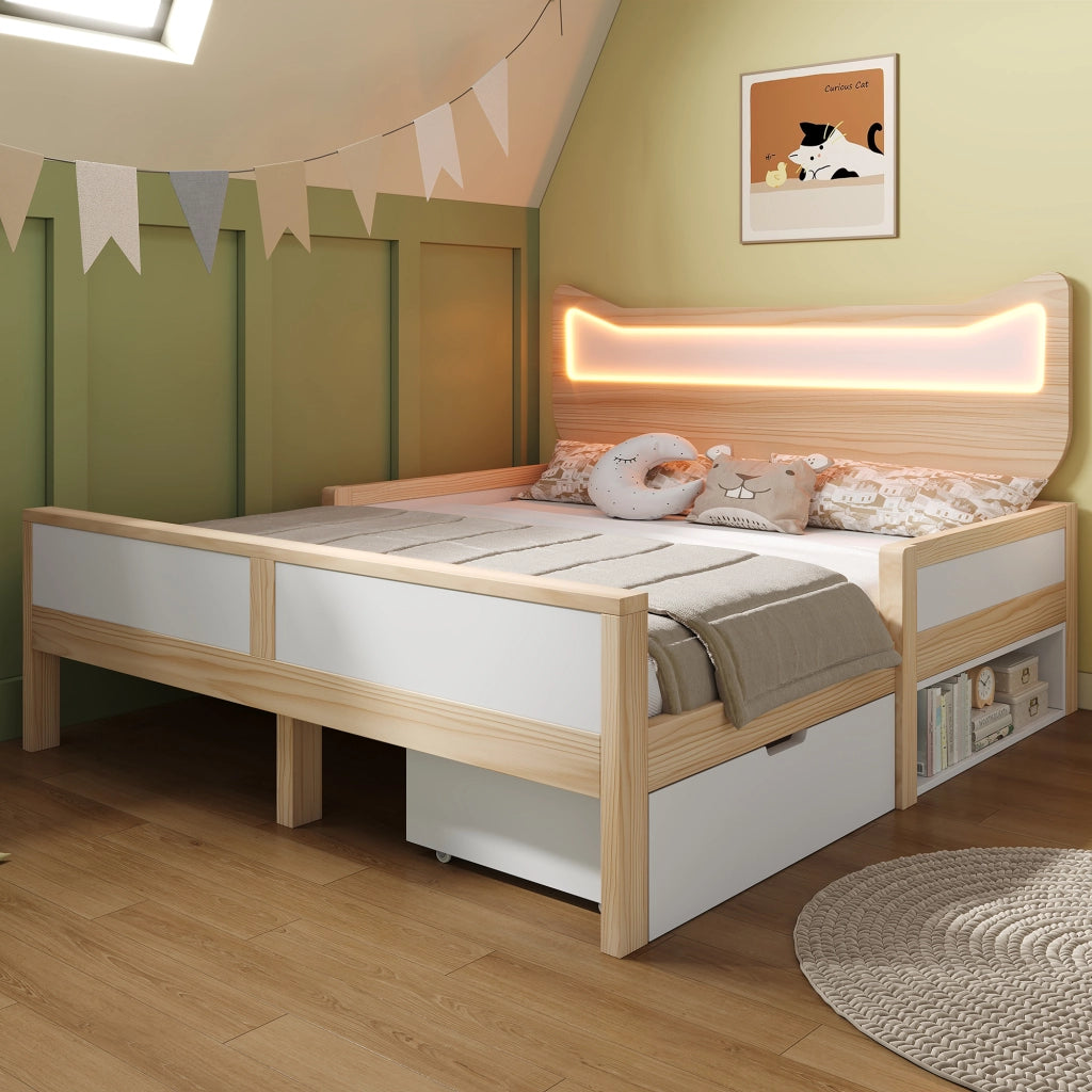 Letto per bambini con orecchie da gatto - Zephmum- 140¡Á200 cm - LED RGB - Bianco e quercia