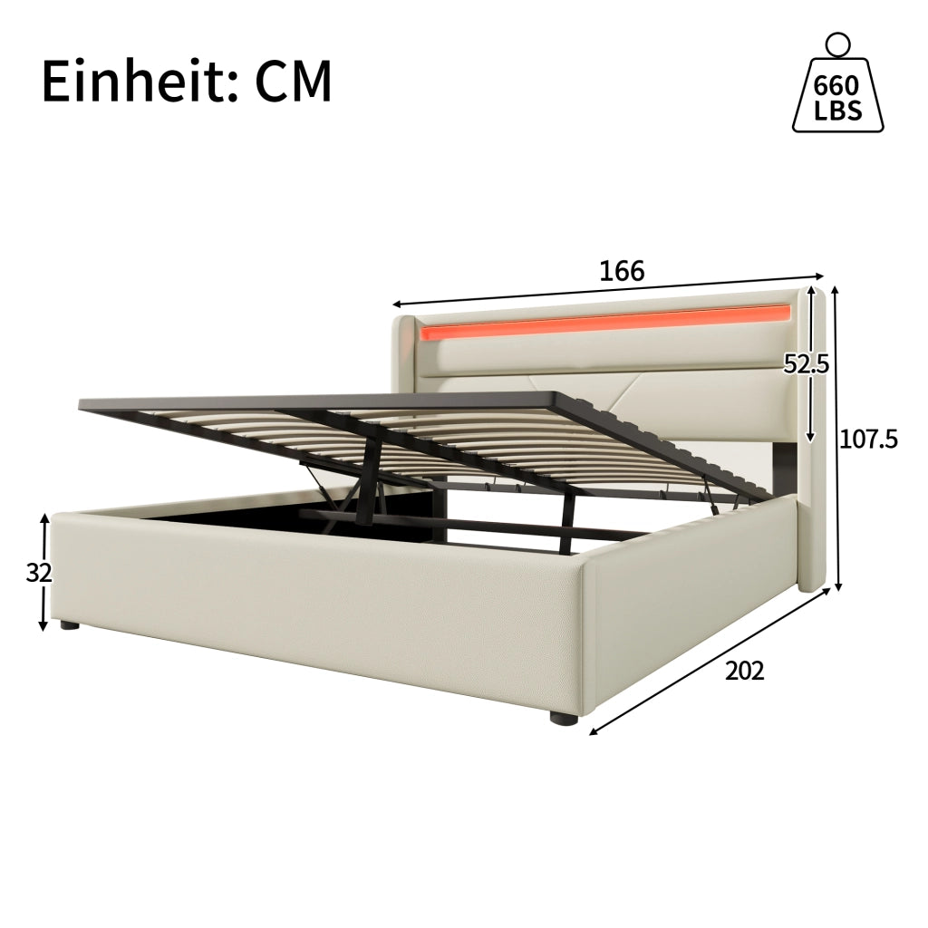 LETTO IMBOTTITO CONTENITORE 160x200 cm IN PU BIANCO CON LED