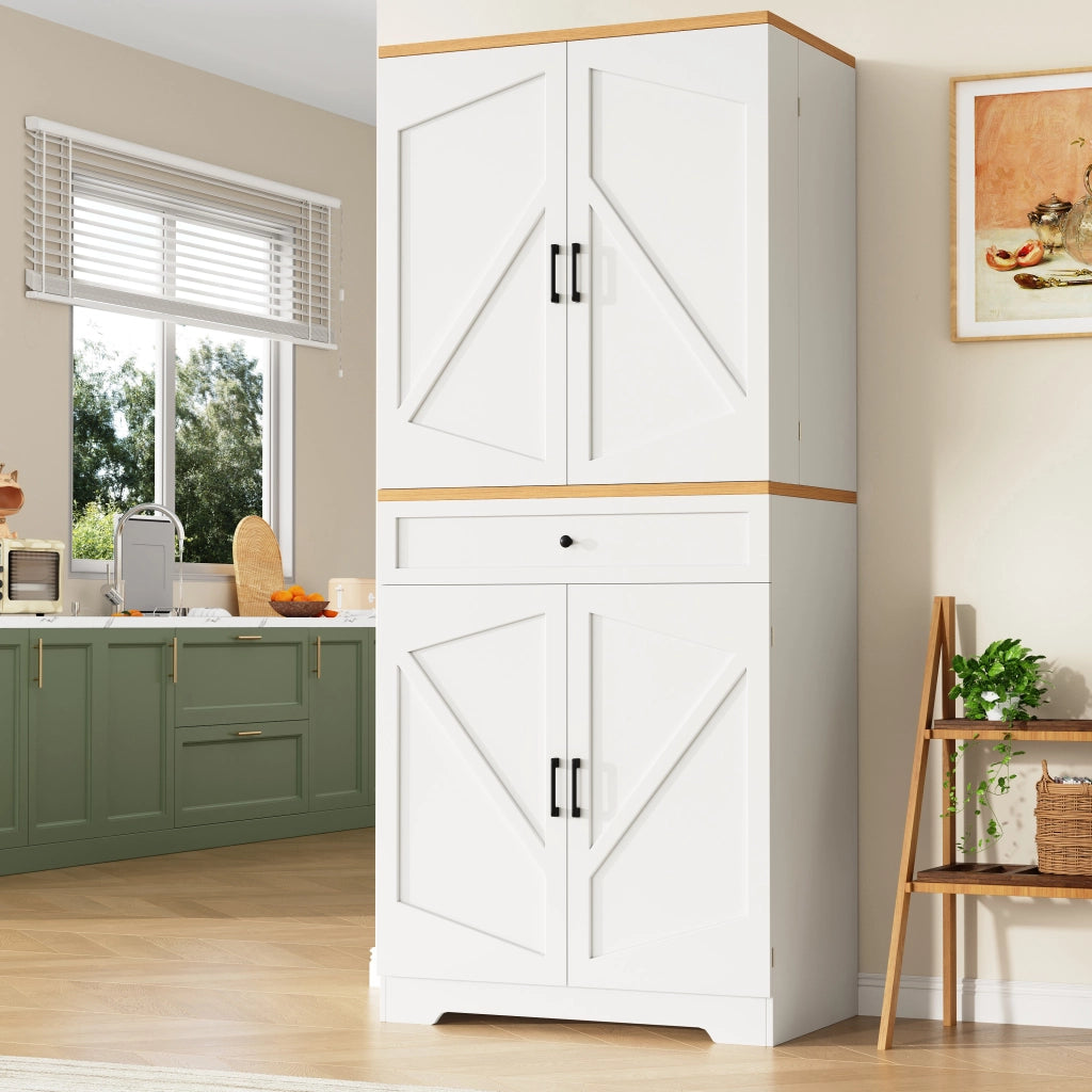 OKWISH Credenza Alta da Cucina con Ripiani Aperti e Cassetti, Sistema Antiribaltamento, MDF, Bianco, 80 x 40 x 180 cm