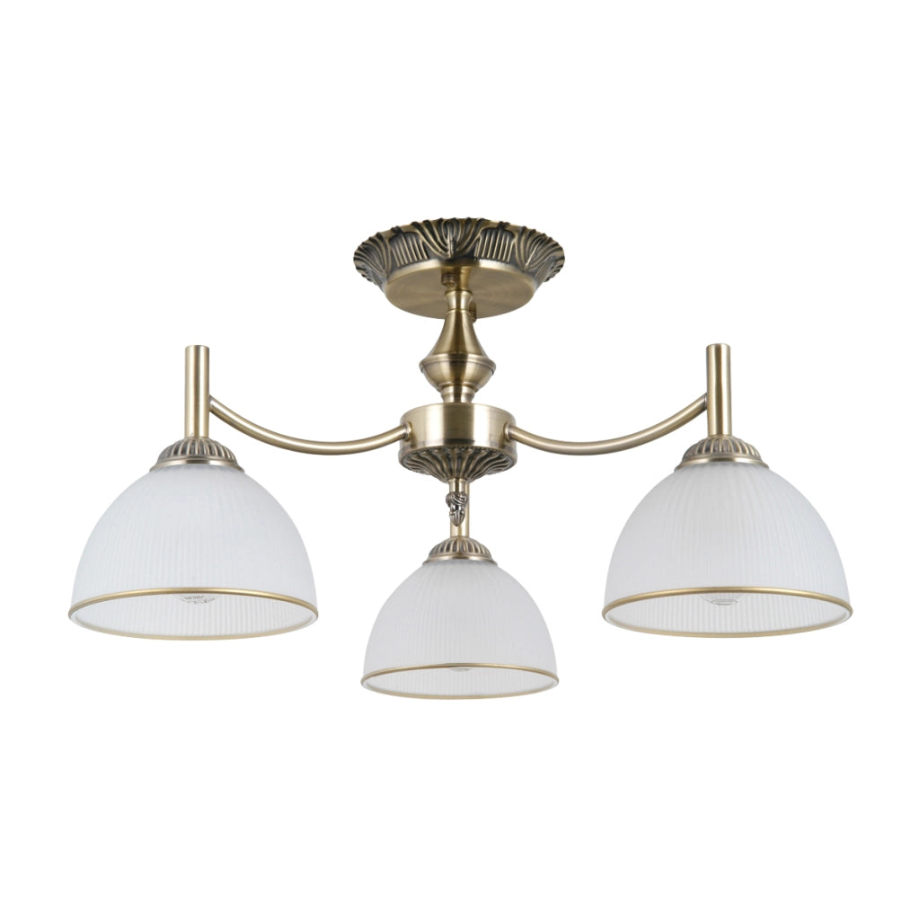 Plafoniera rétro ottone antico, vetri bianchi 3xE27
