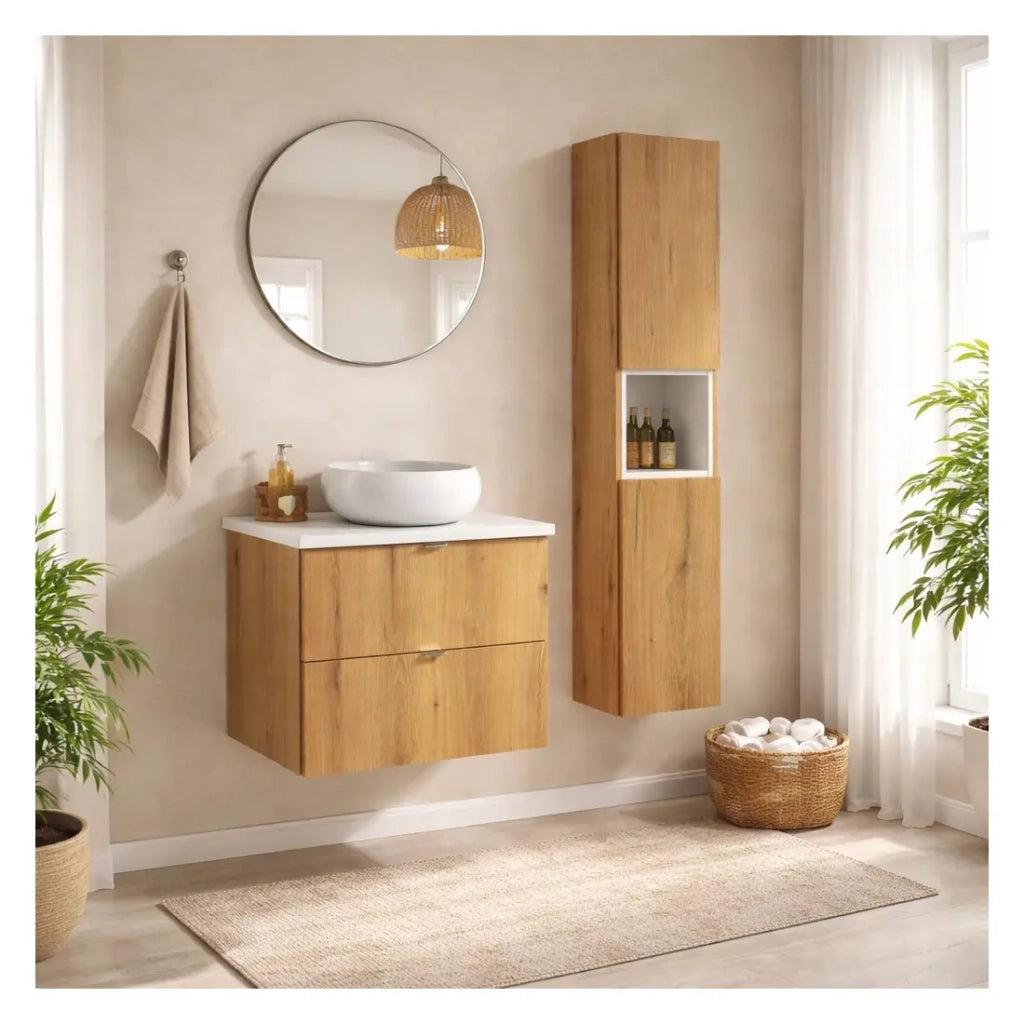 Set VANO effetto rovere e bianco 90cm: mobile sottolavabo con cassetti + piano per lavabo + lavabo da appoggio rotondo + colonna