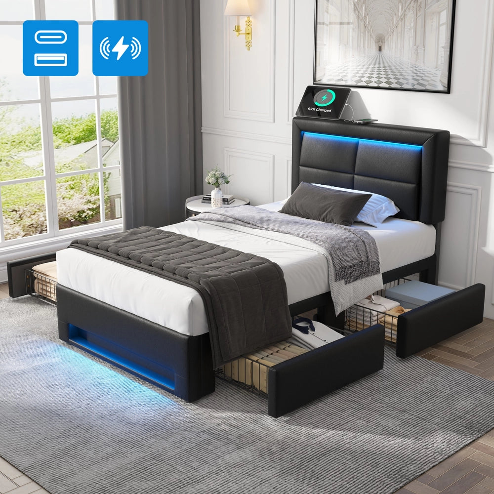 Letto Imbottito con LED e Cassetti ¨C MINIMAL ¨C Similpelle Nero 90x200