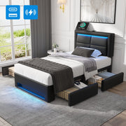 Letto Imbottito con LED e Cassetti ¨C MINIMAL ¨C Similpelle Nero 90x200