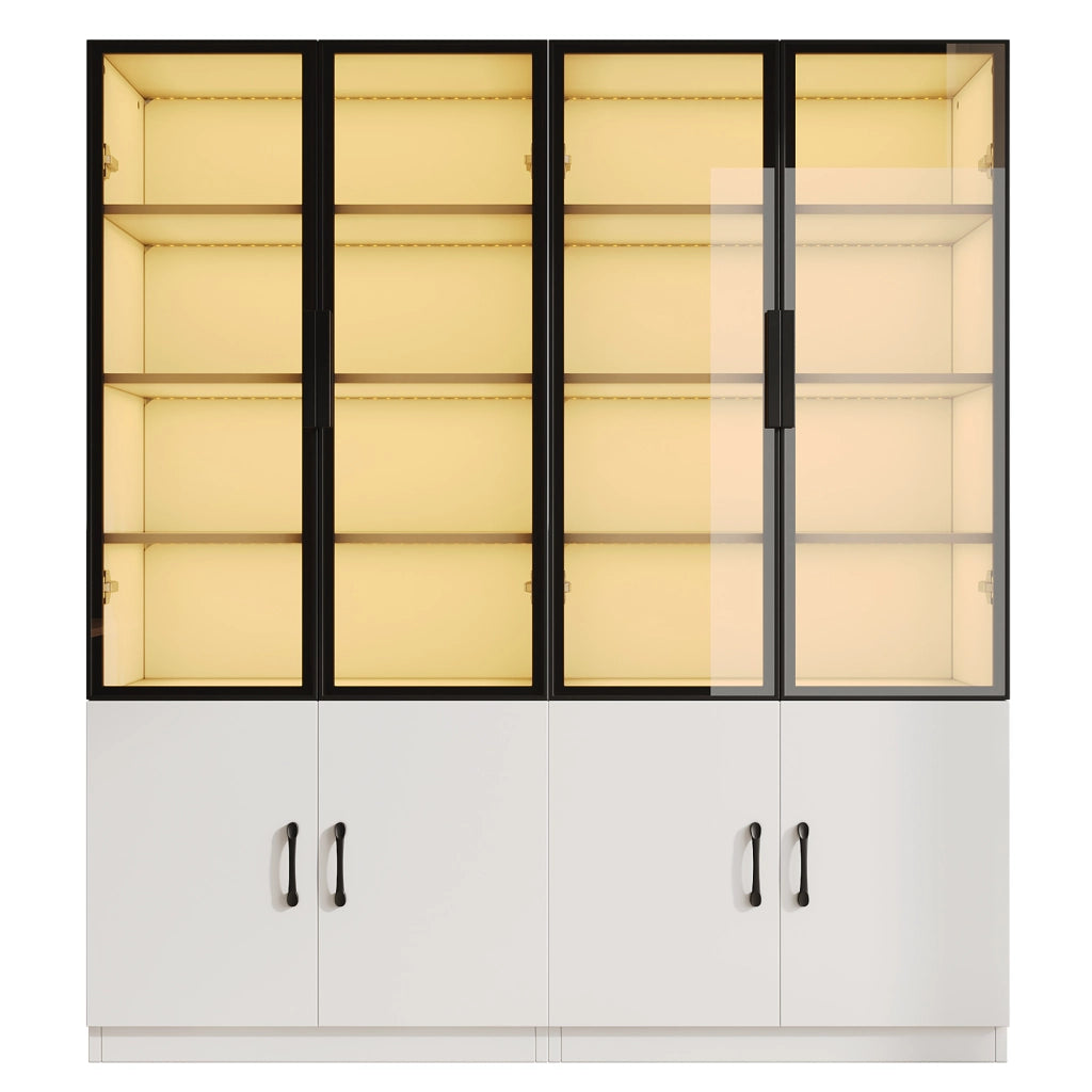 Vetrina con LED e ante in vetro fumé, struttura in truciolare e alluminio, bianco, a due porte inferiori, 120 × 40 × 160 cm