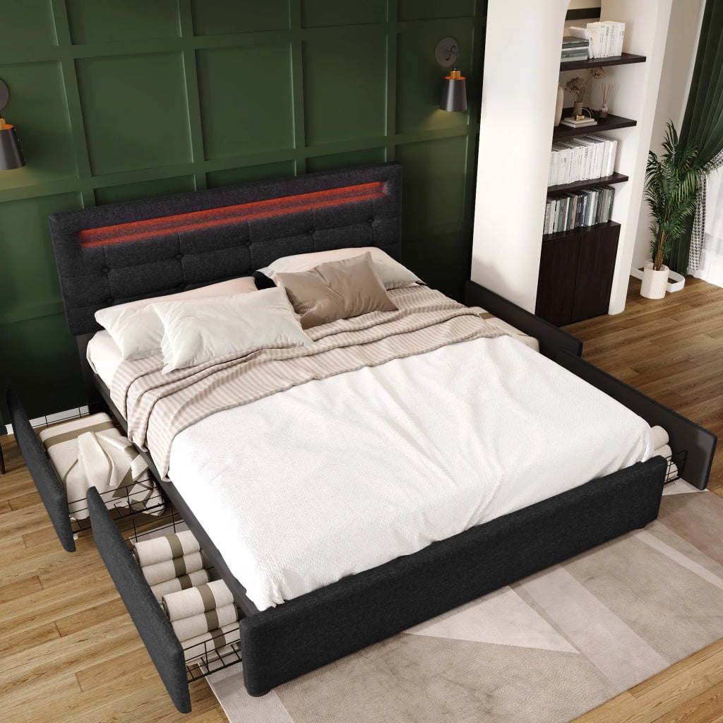 LETTO matrimoniale 140x200 cm in lino nero con LED e 4 cassetti