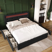 LETTO matrimoniale 140x200 cm in lino nero con LED e 4 cassetti