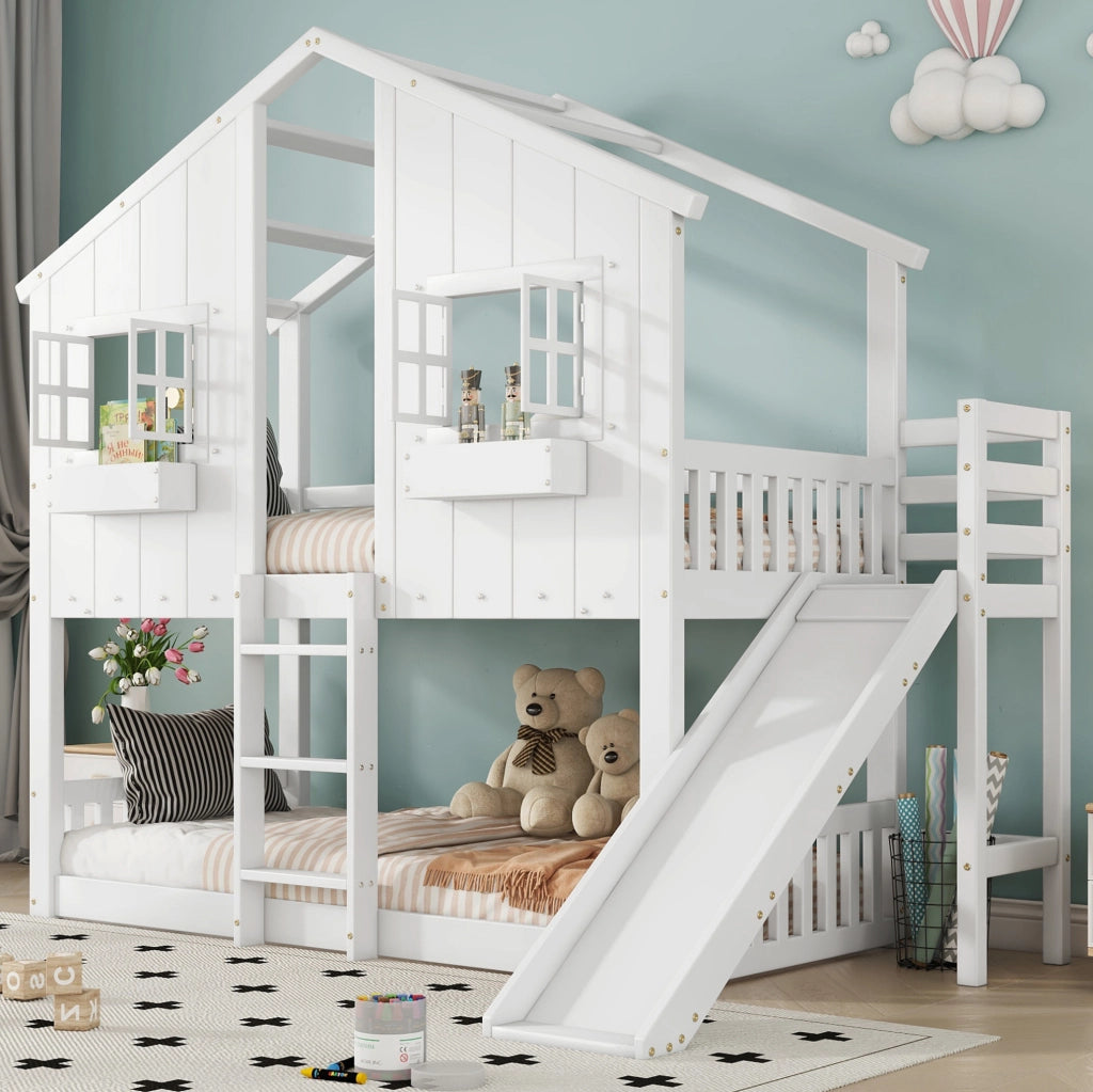 Letto a castello per bambini con scivolo, finestre e scala a 3 gradini