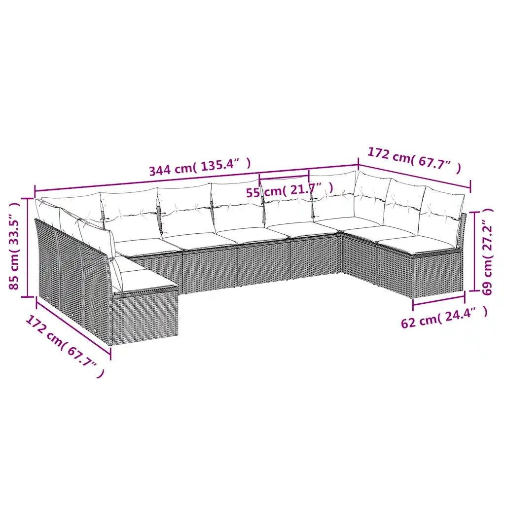 Set Divani da Giardino 10pz con Cuscini in Polyrattan Marrone