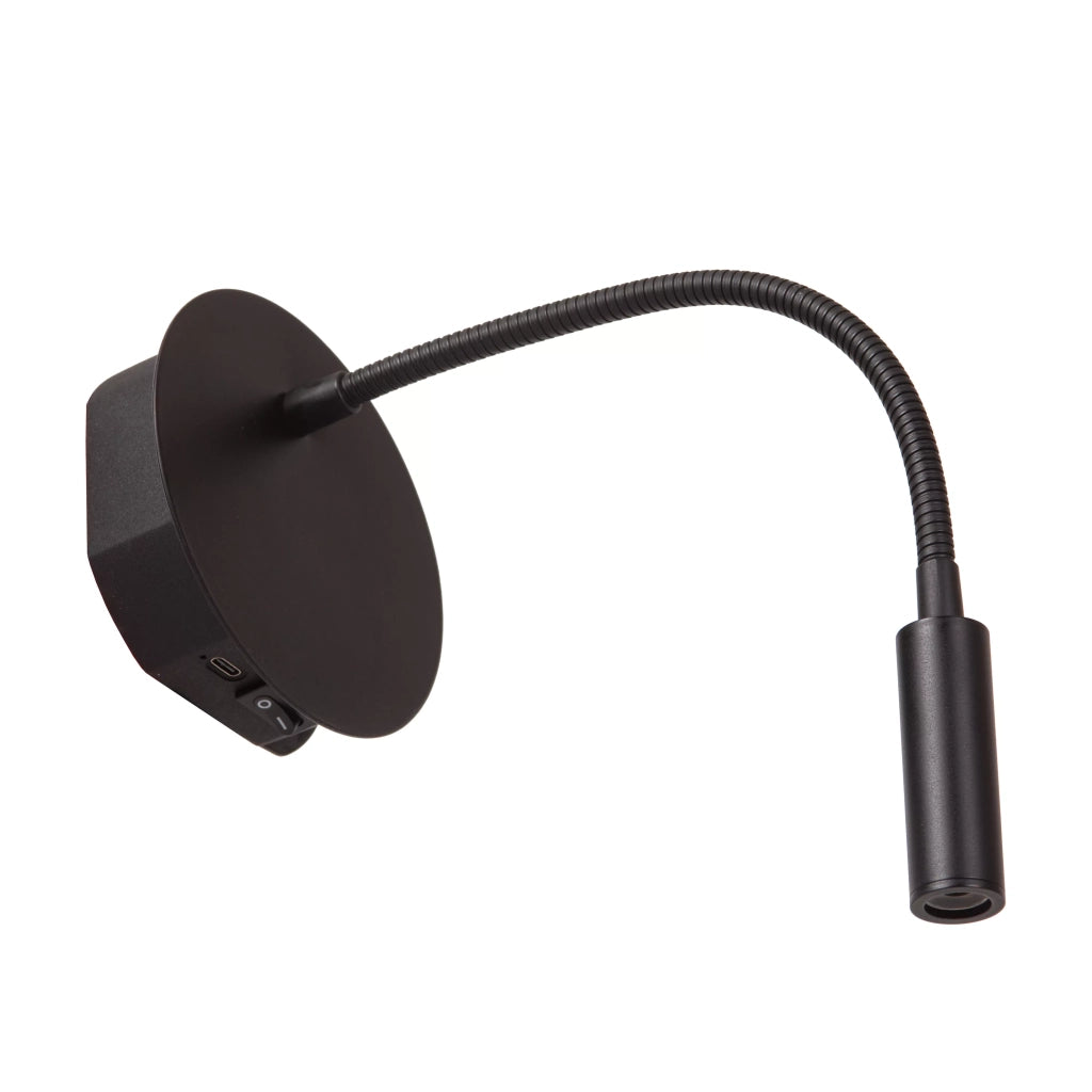 Applique nera LED 2W USB ricaricabile braccio flessibile