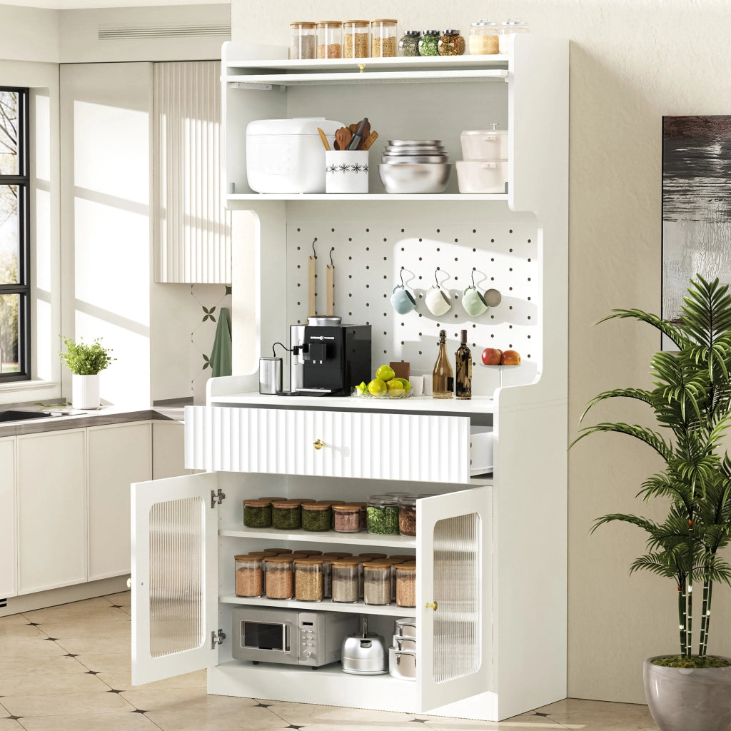 Credenza con cassetto e ripiani regolabili in MDF e pannello truciolare, con LED e vetro rigato bianca 80 × 40 × 180 cm
