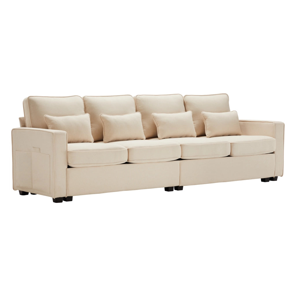Sofa 4 posti moderno in lino - Zephmum- Con tasche braccioli e 4 cuscini
