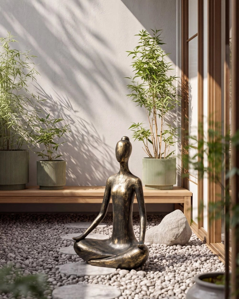 Statua decorativa da giardino in ossido di magnesio, figura di donna che pratica yoga, nera/oro, 38 x 21 x 60 cm, decorazione da esterno