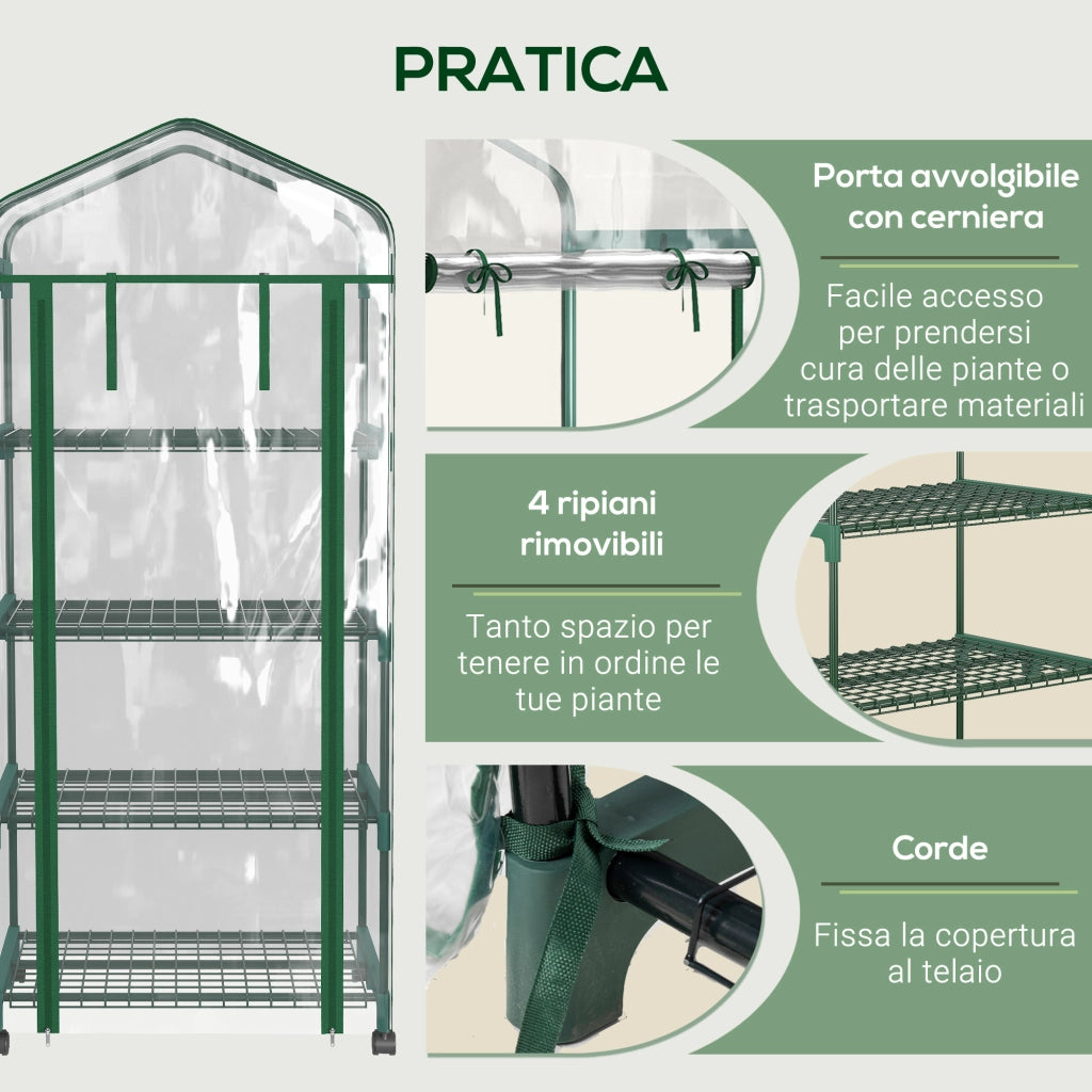Serra Verticale da Giardino ¨C Xylo ¨C 4 Ripiani Acciaio e PVC Verde 69x50x165cm