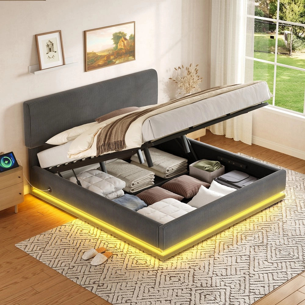 Letto Imbottito Contenitore con LED e Testiera Regolabile ¨C MINIMAL ¨C Velluto Grigio 180x200