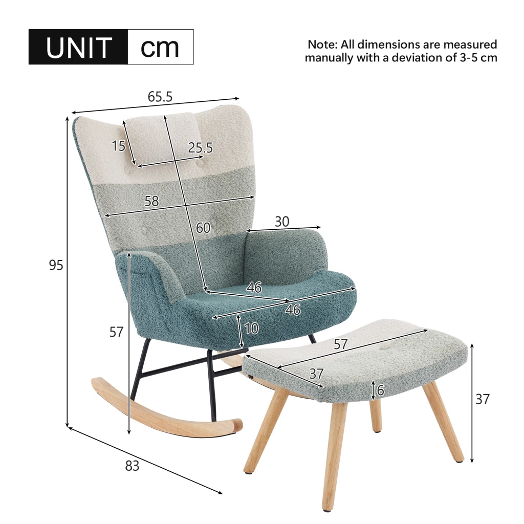 Poltrona Dondolo Boucl¨¦ con Poggiapiedi ¨C MINIMAL ¨C Patchwork, Gambe in Legno