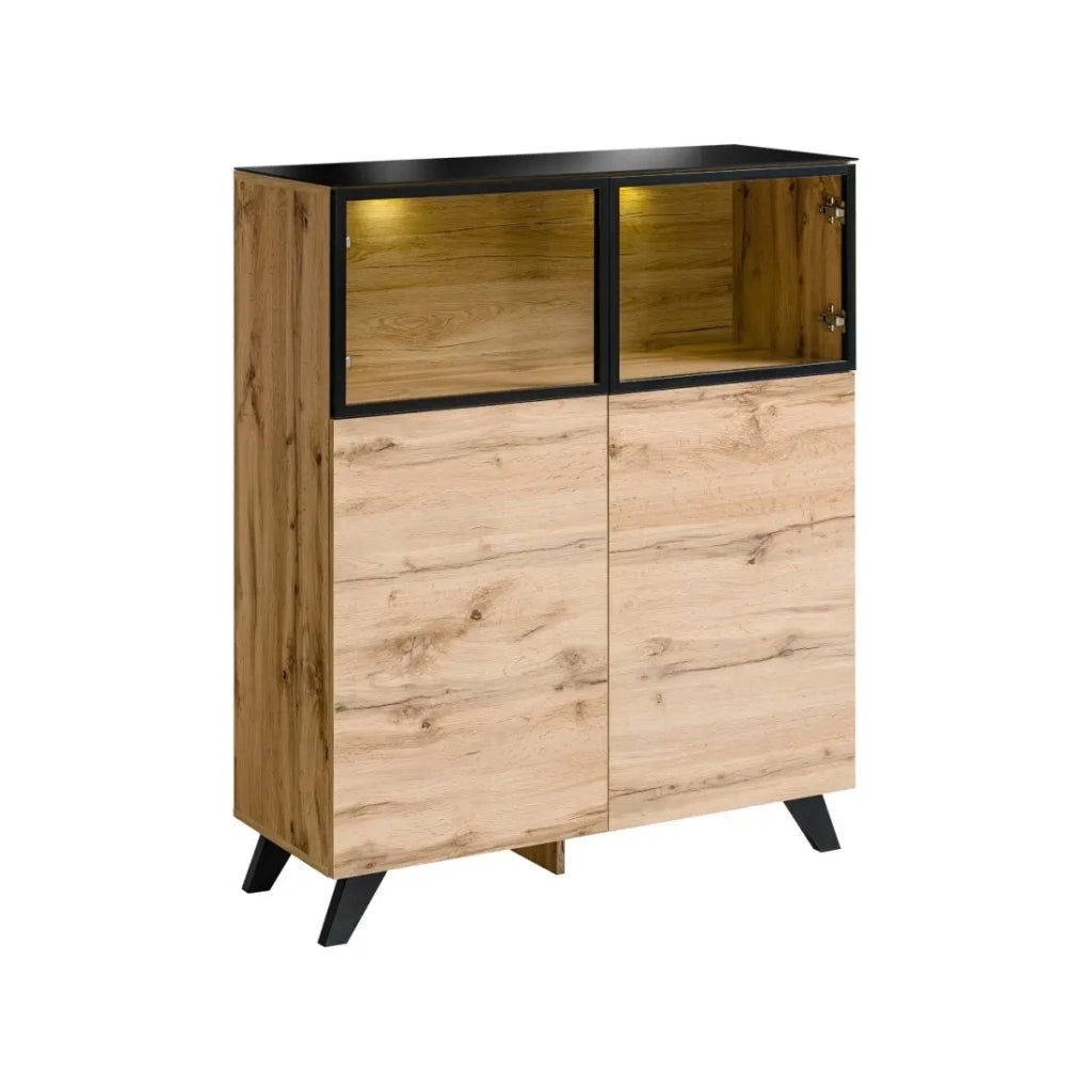 Set da salotto TINO con camino bio-etanolo - Rovere scuro e nero - L340 cm