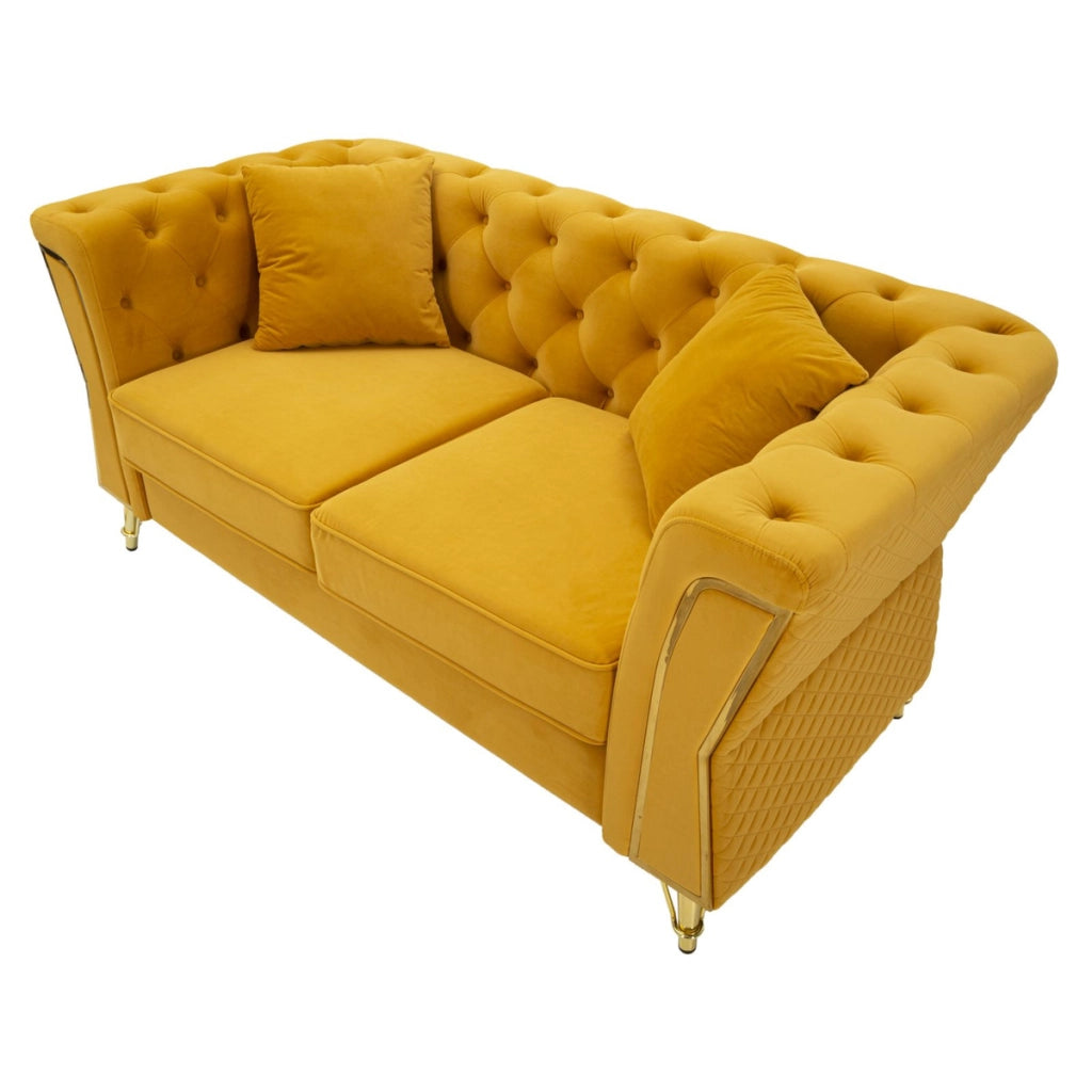 Divano Emy con cuscini in poliestere senape e gambe oro 162x83x76 cm