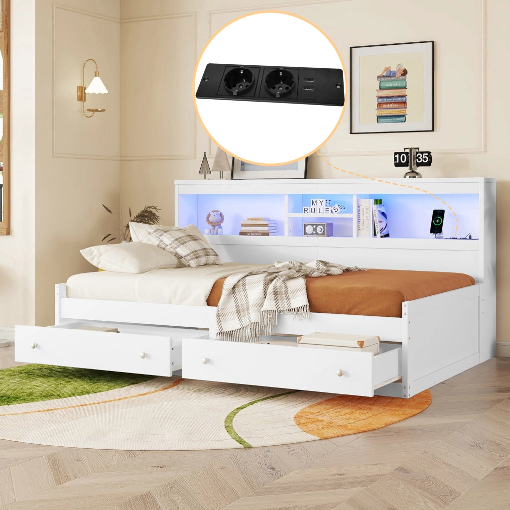 LETTO Daybed 90x200 cm con 2 cassetti, USB e LED Bianco