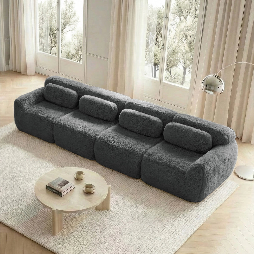 Sofa a 4 posti - Zephmum - Tessuto peluche premium, base antiscivolo, cuscini inclusi, schiuma elastica