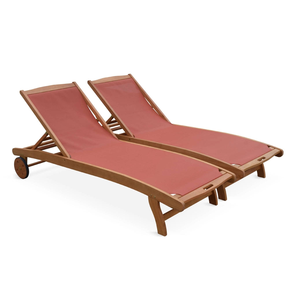 Set 2 lettini prendisole in legno multiposizione con ruote, terracotta