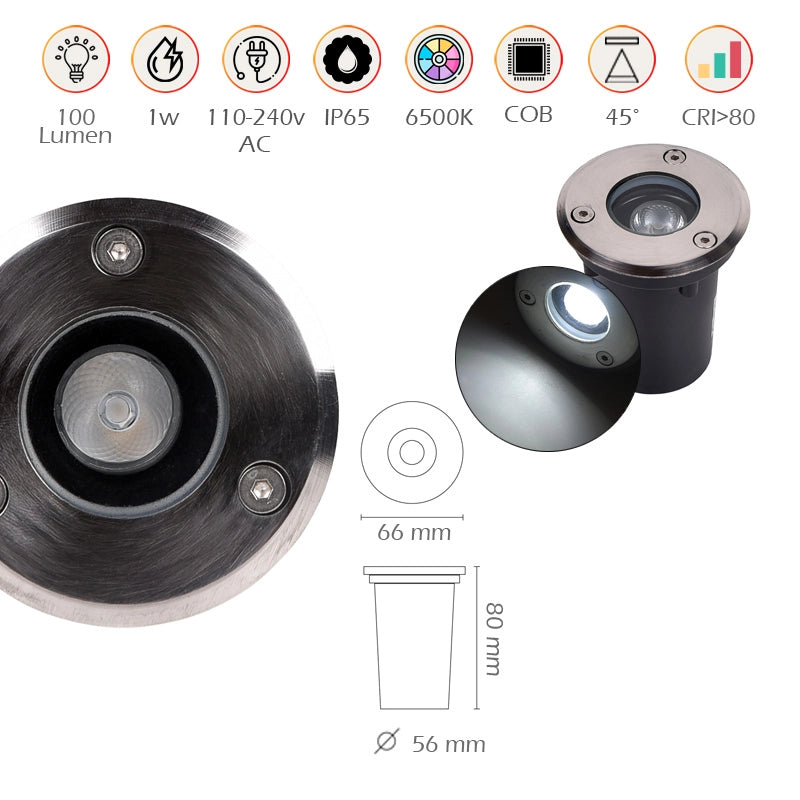 FARETTO LED SEGNAPASSO CALPESTABILE DA 1W LUCE FREDDA 6500K° - IDEALE PER VIALI GIARDINI E AMBIENTI ESTERNI CON GRADO DI PROTEZIONE IP65