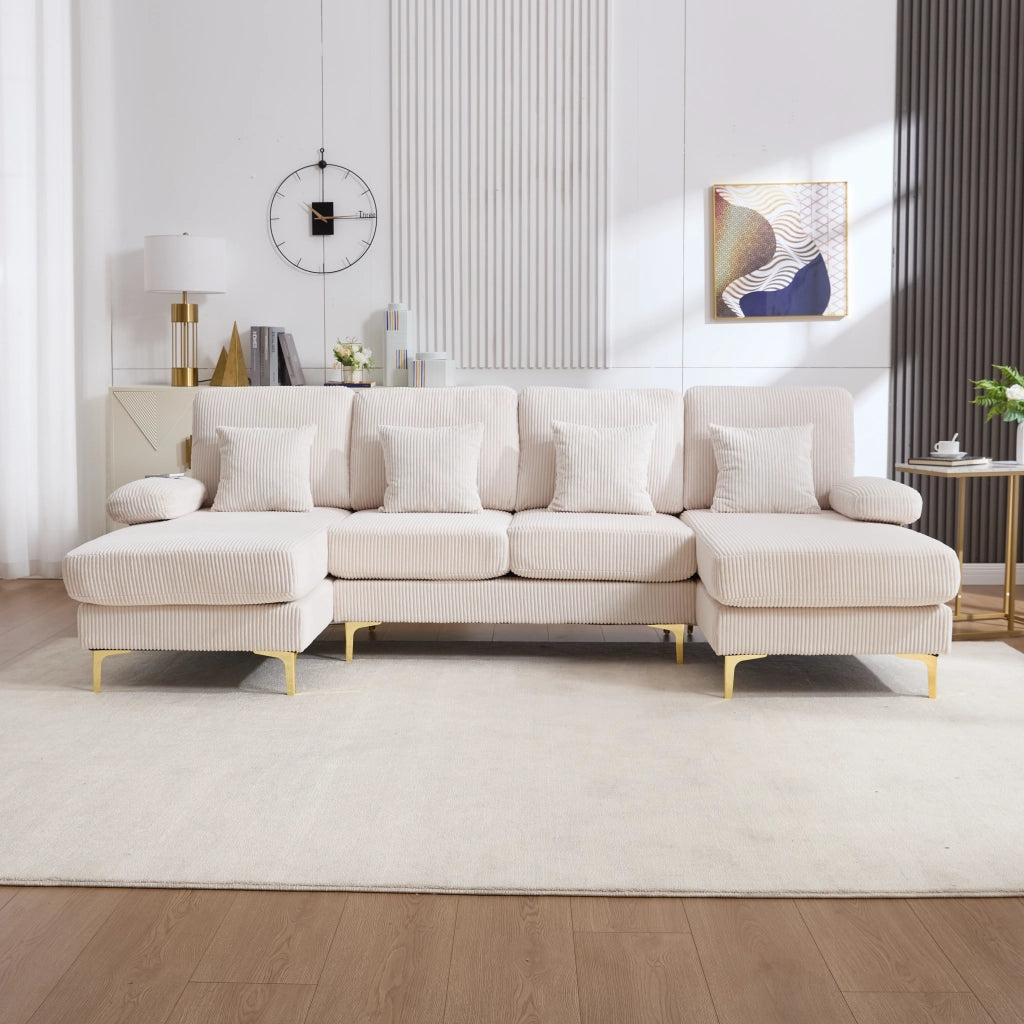 Divano ad U con LED e Porta USB-C ¨C MINIMAL ¨C Beige, Legno Massello, 4 Cuscini