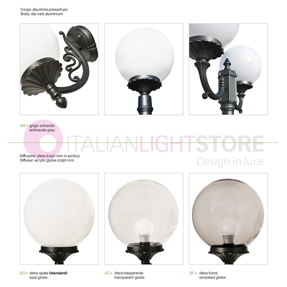 ORIONE ANTRACITE Lampione a 4 luci con rialzo  per Esterno Giardino con sfere globi policarbonato d.25