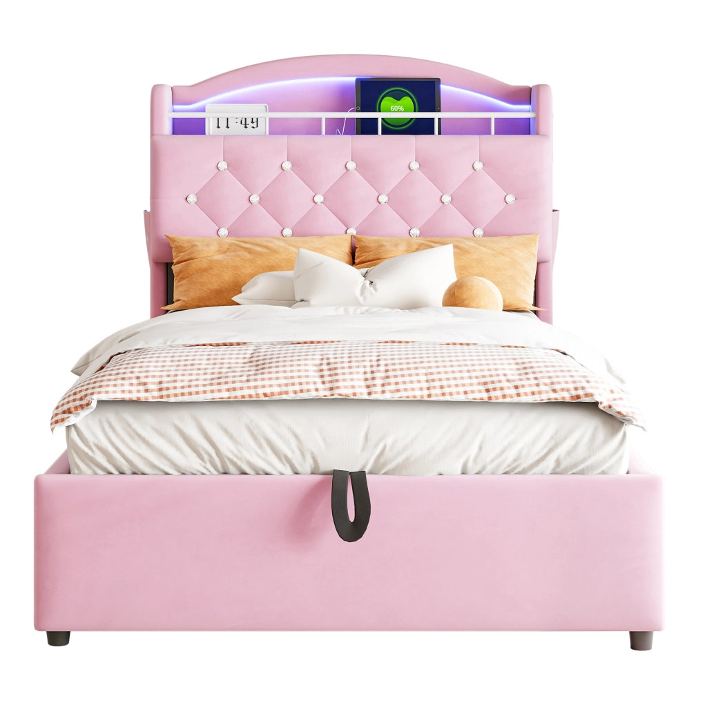 Letto imbottito 90x200 con contenitore, LED e USB, rosa