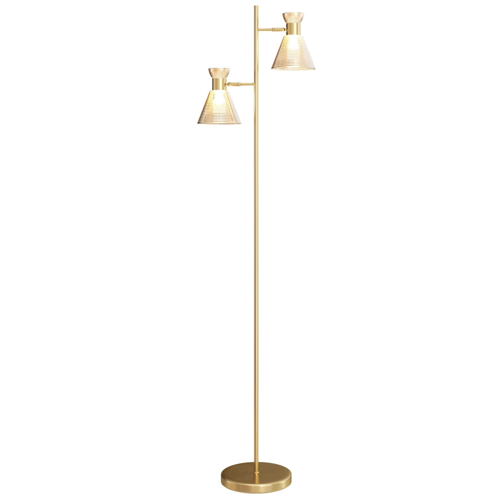 Lampada da Terra Moderna 2 Luci ¨C Xylo ¨C Oro, Teste Regolabili, Interruttore a Pedale