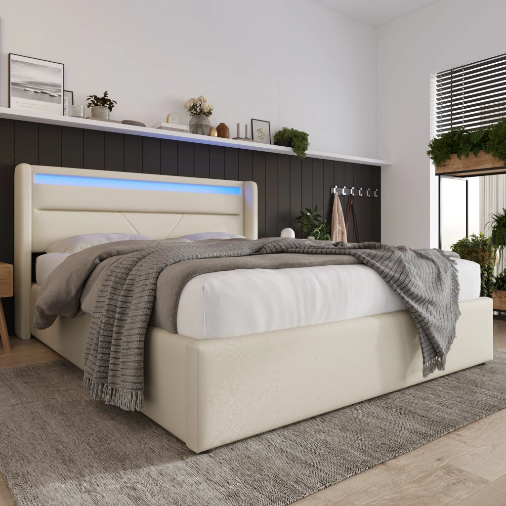 LETTO IMBOTTITO CONTENITORE 160x200 cm IN PU BIANCO CON LED