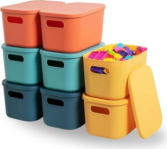Cassa di archiviazione con coperchi - contenitori di plastica stivellabili per mensole - da cucina, bagno, classe, ufficio, camera da letto dei bambini - formato compatto (8 pezzi)